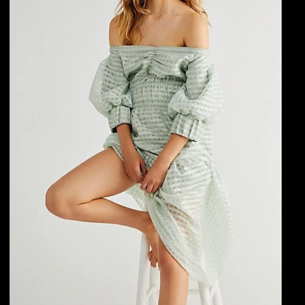 Nwot Free People X Mare Mare Molly Sea Green Gingham Midi Dress Size S